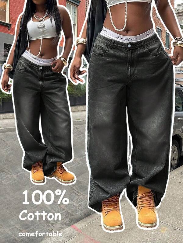 Women's Y2K Washed Vintage Wide Leg Jeans, Casual Street Style, Autumn