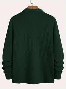 男士休闲针织长袖衬衫 - 米色纯色，纽扣领和罗纹袖口，常规版型，适合秋季休闲装 - 軍綠色 - 查看 2