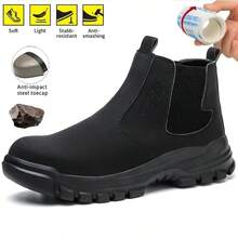 Men's Protective Shoes, Rotary Buckle Design, Anti-Impact Piercing Steel Head Work Sports Shoes, Lightweight Breathable Mesh Top Material, All-Weather Comfortable Wear, Black With Turquoise Embellishing, Reflective Brand Logo - 黑色 - 查看 2