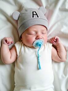 1pc Newborn A-Z Letter Hospital Hat, Cartoon Bear Ear Soft Solid Color Knit Beanie Cap For Baby Boys Girls, Newborn Photography 0-3 Months - Grey - View 2