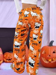 SANRIO 1pc  Plush Warm Fleece Fluffy Pants For Women, Cute & Comfortable For Autumn/Winter, Fall, Cozy - Orange - View 6