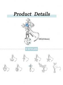 9 PCS Dangle Nose Rings - L Shaped For Women, 20G Stainless Steel Nose Rings Studs With CZ Cross, Crown, Flower, Heart Dangling Piercing Jewelry - Multicolor - View 2