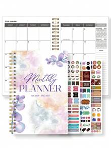 BUBU 1 件螺旋月度计划表，2 年月度计划表，含 3 张定制贴纸，2026 年 1 月至 2027 年 12 月，5.6 英寸 X 8.0 英寸，非常适合学校和办公室日程安排、办公桌配件、返校用品 - 紫色 - 查看 12