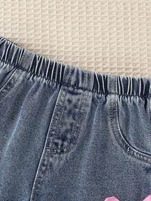 2件套少女可爱粉色蝴蝶结上衣和休闲蝴蝶结雪花牛仔裤套装，秋冬新款 - 粉色 - 查看 7