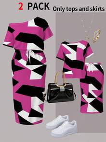 大码女式休闲两件套，几何印花 T 恤和迷你裙，夏季 - 玫紅色 - 查看 1