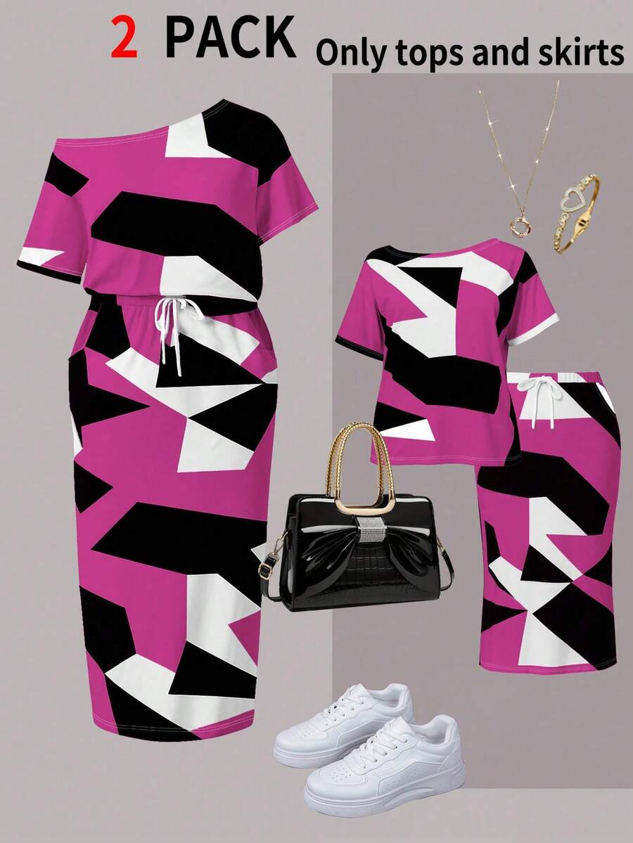 大码女式休闲两件套，几何印花 T 恤和迷你裙，夏季 - 玫紅色 - 查看 1