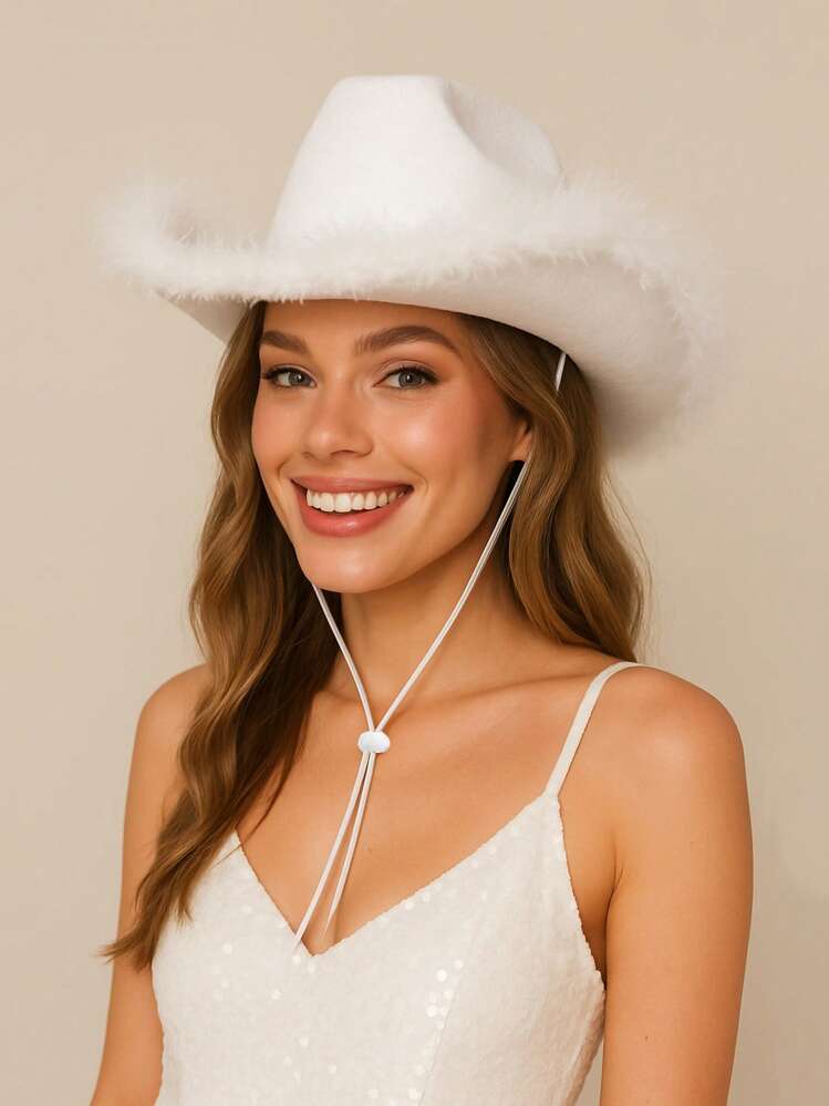 ROMWE Kawaii 1 stuk roze/zwarte vrijgezellenfeest cowboyhoed met verendecoratie, Hallween gala-hoeden, muziekfestival Y2K-stijl, terug naar school carnaval western cowboyontwerp voor vrouwen, geschikt voor verjaardag, bruiloft, vrijgezellenfeest bruid, cadeau verloving - feest hoed - Bekijken 3