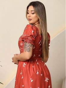 Elegant Long Women's Dress With Print And Short Sleeves - Burnt Orange - View 2