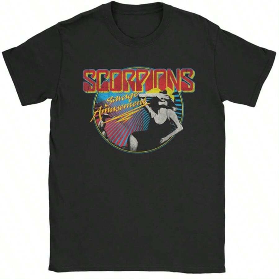 Man T Shirt Scorpions Savage Amusement T-Shirts Hippie  Summer Tees Y2K Retro Printed Cotton Tops Gift Idea - màu đen - Xem 1