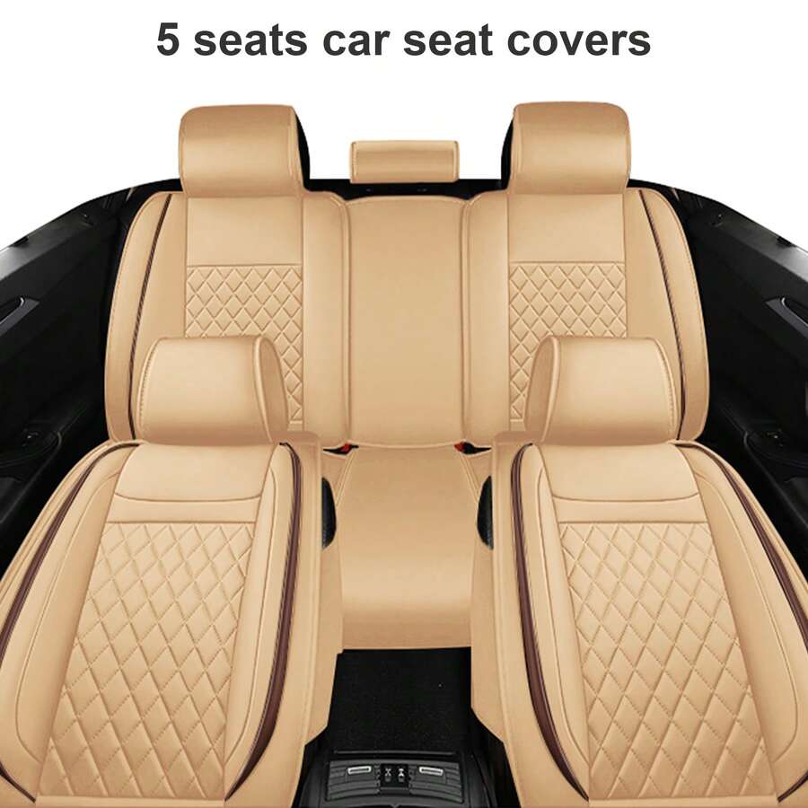 Universal Premium Leather Seat Covers For Car Full Set, Breathable Leather Automotive Front And Rear Seat Covers & Headrest For Comfortable Driving, Fits Most Of Cars(Beige With Coffee Line) - Beige with Coffee Line - 查看 1