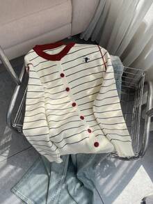 2025 Autumn/Winter New Style Women's Knitted Cardigan - Color-Block Stripe, Embroidered Pattern Decoration, Round Neck, Long Sleeve