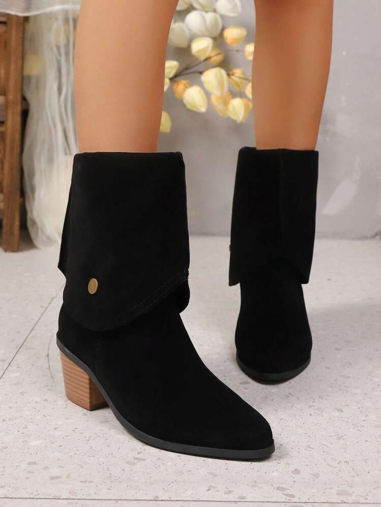 2025秋季新款时尚大码36-43码粗跟黑色踝靴，优雅翻领踝靴，百搭时尚咖啡色女士踝靴 - 黑色 - 查看 2