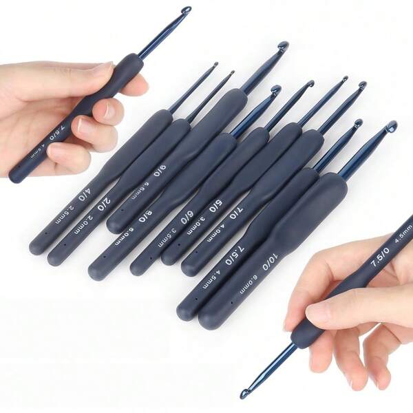 Fato de Crochê de Alumínio com Cabo Macio Azul-Marinho 9 Peças Kit de Ferramentas de Costura de Malha Bricolage