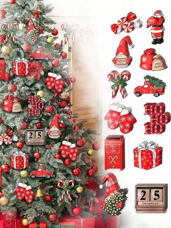 24pcs/12pcs Christmas Wooden Hanging Decorations, Wreath, Christmas Tree Decor, Santa Claus Faceless Doll & Candy Pattern, Christmas & Thanksgiving Theme Party Hanging Ornaments, Fireplace, Window, Backpack Wooden Decor