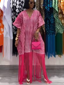 Elegant Pink Stripe Kaftan Dress For Women V Neck Maxi Dress With Fringe Hem And Loose Fit - 彩色 - 查看 6