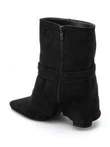 Giày bốt cổ thấp mũi nhọn, gót thấp, chất liệu da lộn, có tua rua - Phong cách miền Tây hiện đại dành cho nữ. - màu đen - Xem 4