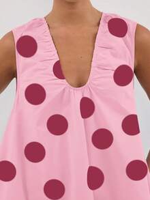 Women's Cute Polka Dot Babydoll Mini Dress Scoop Neck Flowy Sleeveless Short Dress Ruched Loose Fit Dress - Hồng - Xem 4