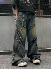 1pc Men's Distressed Vintage Wash Deconstructed Patchwork Wide Leg Jeans (Product Does Not Include Belt And Accessories) - Blue - View 3