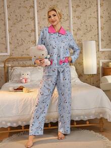 Sanrio 2pcs  Striped Long Sleeve Top And Pants Pajama Set, Cute, Elegant, Romantic, Charming, Casual, Suitable For Spring And Autumn, Fall Clothes - Blue and White - View 6