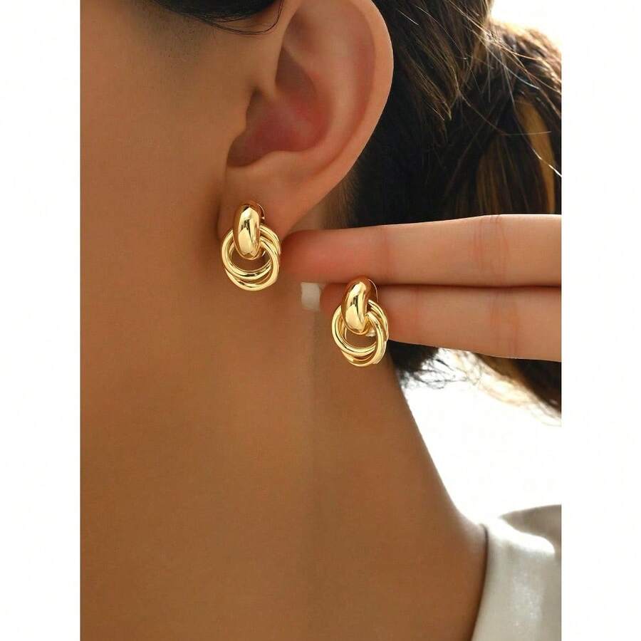 1 Pair Simple Fashion Creative Unique Design Gold Twist Hoop Earrings, Suitable For Daily Wear For Women - Vàng - Xem 1