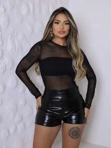Long Sleeve Tulle Blouse With Sheer - Black - View 1