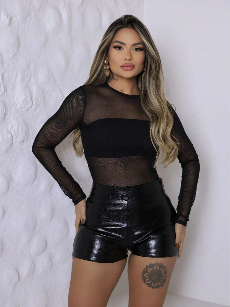 Long Sleeve Tulle Blouse With Sheer - Black - View 1