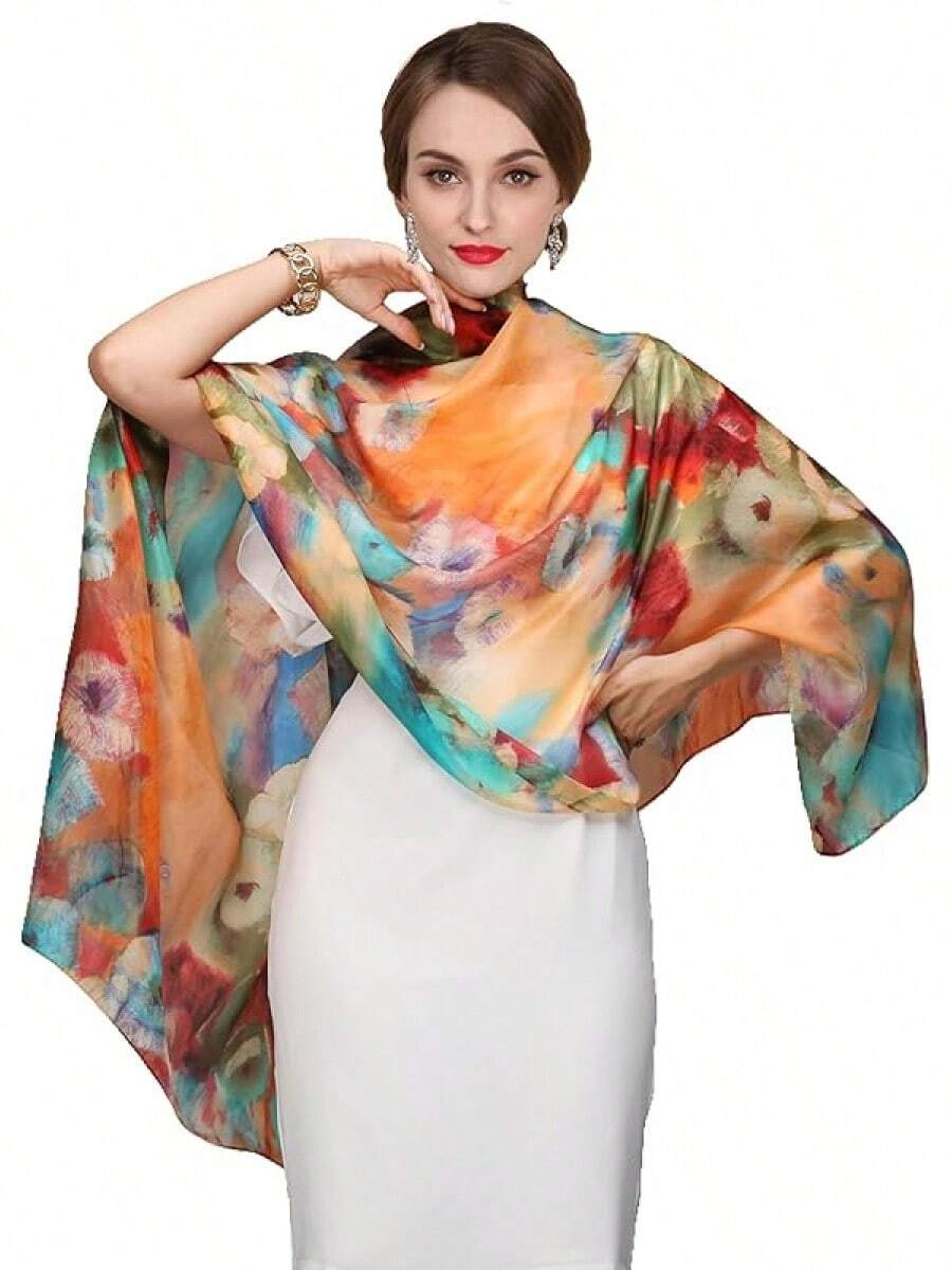100% Mulberry Silk Scarf For Women Lightweight Long Scarves Beach Wraps Cover Up -Travel Photography Scarfhalloween - 橘藍 - 查看 1
