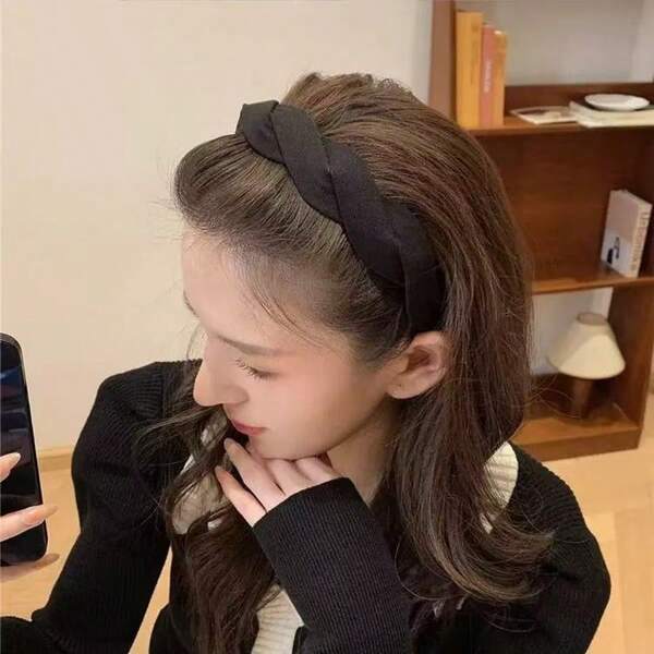 1pc Black Braided Headband, Suitable For Everyday Wear