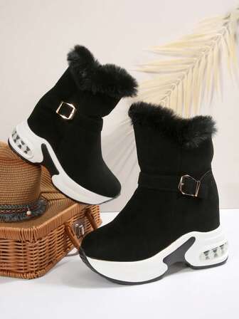 Black Collar Fur Zipper Side Chunky Heel Metal Buckle Round Toe Casual Versatile Comfortable Boots For Teen Girls & Girl