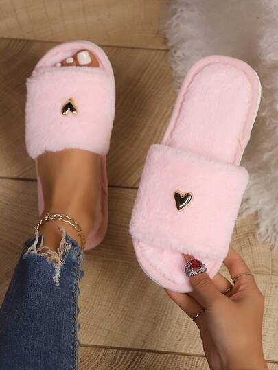 Women's Minimalist Fashion Heart Decor Fluffy Open Toe House Slippers, Comfortable Plush Slip-On Slippers For Bedroom And Living Room, Suitable For Autumn/Winter