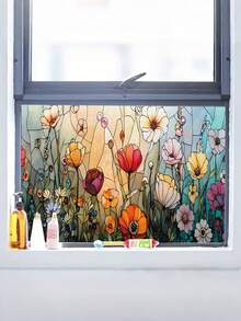 1pc Newly Designed Coloured Glass Window Film, Featuring A Floral Painting Style, With Static-Adhesive PVC Removable Privacy Window Film Decoration. This Opaque, Heat-Insulating, UV-Resistant, Adhesive-Free Window Film Is Suitable For Use In Homes, Bedrooms, Living Rooms, Kitchens, Car Sunroofs, Sunshade Decorations, And Personalized Wall Decals. Wall Stickers Wall Sticker Stickers Home Decor Room Decor