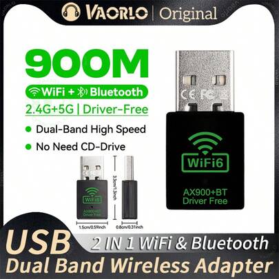 二合一迷你 USB 蓝牙适配器 WiFi6 AX900Mbps 加密狗网卡 2.4G/5GHz 免驱动 PC 600M 高速无线接收器