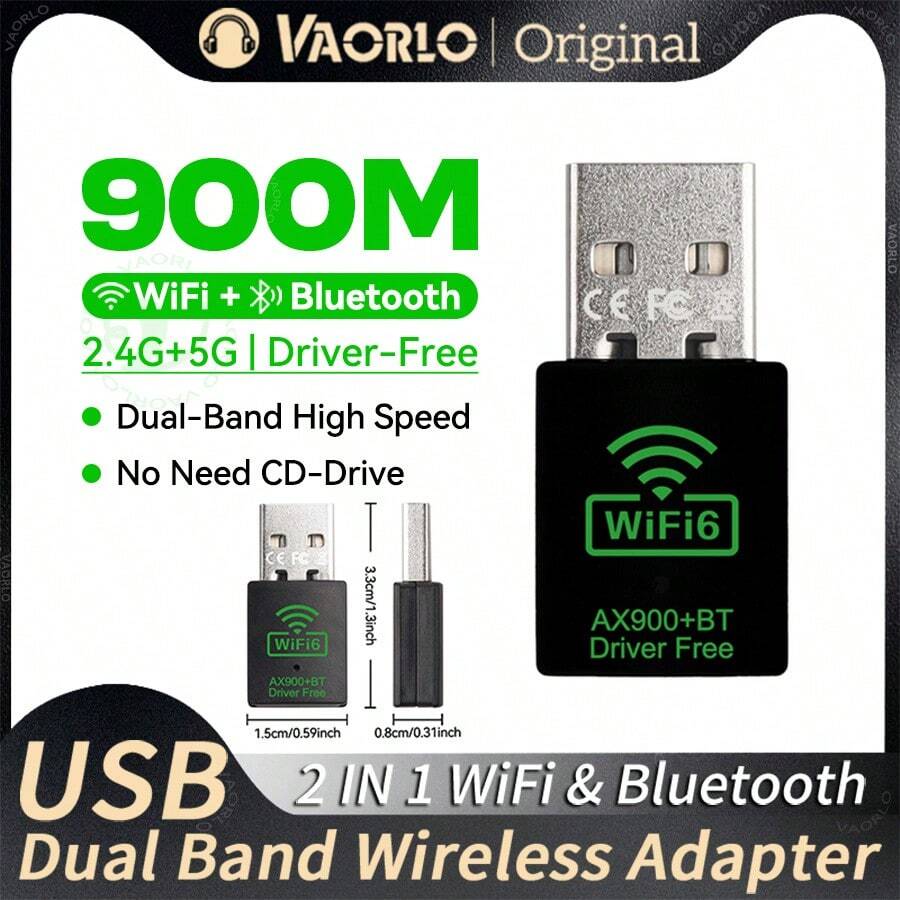 二合一迷你 USB 蓝牙适配器 WiFi6 AX900Mbps 加密狗网卡 2.4G/5GHz 免驱动 PC 600M 高速无线接收器 - 黑色 - 查看 1