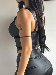 Apperloth A Sexy PU Leather Boned Corset Black Crop Tops V-Neck Grommet Eyelet Lace Up Front Curved Hem Backless Overbust Shapewear Wide Strap Cami Tank Top For Women Halloween Costumes Rave Festival Outfits - màu đen - Xem 2