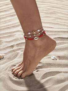 3 件/套女孩海星和贝壳串珠脚链，多层简约时尚脚链套装 - 彩色 - 查看 15