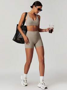 MASKERT Bộ đồ thể thao nữ, bộ áo ba lỗ, bộ tập thể dục, đồ tập yoga, bộ đồ thể thao chạy bộ bó sát, bộ đồ có độ co giãn cao, thoải mái và thân thiện với da, phù hợp cho ở nhà và giải trí. - Màu Khaki - Xem 6