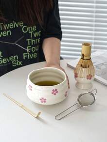 1/2/4/5件樱花抹茶碗套装，日式茶具套装包含花瓣边抹茶碗、竹制抹茶打蛋器、抹茶勺、打蛋器支架、不锈钢筛子。馈赠亲朋好友的绝佳礼物 - 彩色 - 查看 5