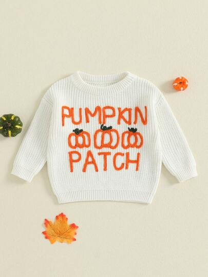 Toddler Baby Knit Sweater Halloween Pumpkins And Letters Embroidery Crew Neck Long Sleeve Tops