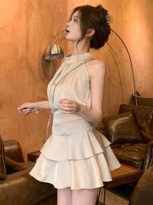 Sleeveless Halter Neck Tank Top & Ruffle Hem Cake Skirt 2 Pieces Set For Women, Summer - Apricot Two Piece Set - View 6