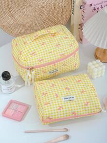 1 Pc/Set Cute Grid Pattern Cosmetics Storage Bag Foam Quilted Make Up Bag Pink Bow Print Travel Toiletry Bag Cute Yellow Cosmetics Storage Bag Large Capacity Makeup Pouch Lovely Grid Print Home Items Organizer Bag Multi-Functional Handheld Make Up Bag Zippered Pencil Case Classic Grid Print Jewelry Organizer Bag,