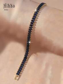 Hihho 1 件简约时尚闪亮蓝宝石蓝色方形锆石镶嵌女士手链，约会礼物 - 寶藍色 - 查看 6