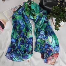 100% Mulberry Silk Scarf For Women Lightweight Long Scarves Beach Wraps Cover Up -Travel Photography Scarfhalloween - 藍綠鳶尾 - 查看 2