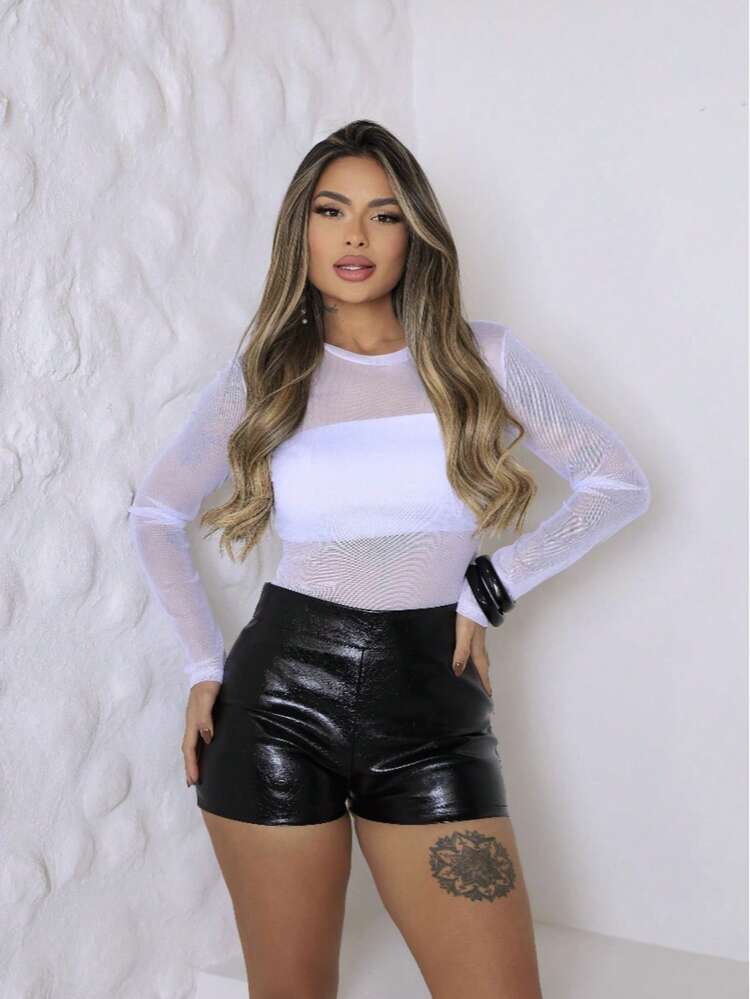 Long Sleeve Tulle Blouse With Sheer - trắng - Xem 1