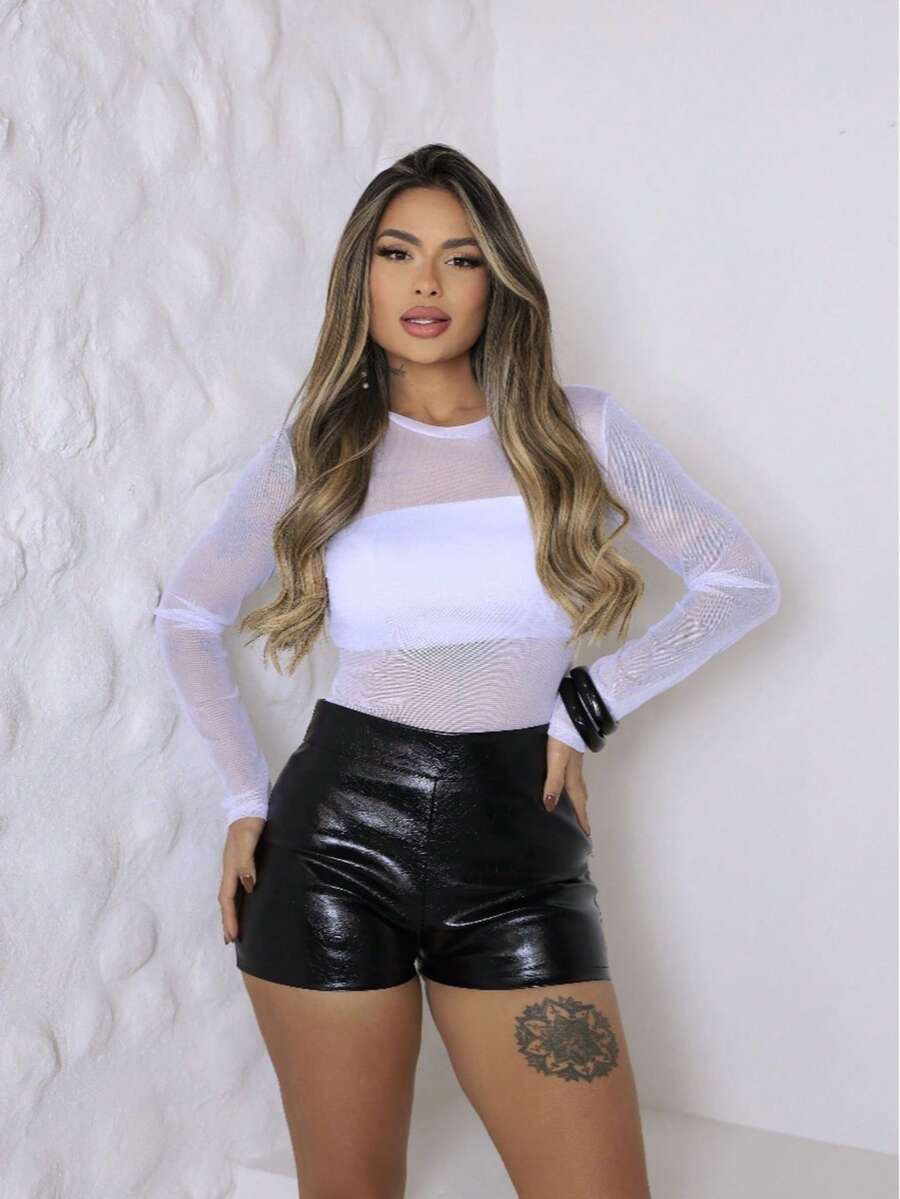 Long Sleeve Tulle Blouse With Sheer - White - View 1