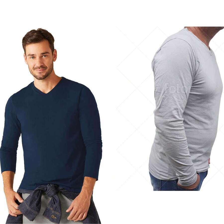 Kit 2 Men's Long Sleeve Shirts 100% Cotton - Gray and Navy Blue - View 1