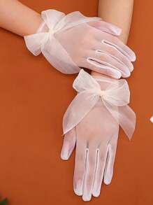 1 双蕾丝蝴蝶结新娘手套仿珍珠乳白色短款手指手套蕾丝立体刺绣优雅下午茶舞会礼服配饰照片道具情人节情人