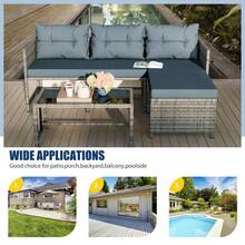 Vongrasig 3 Piece Patio Furniture Sets, All-Weather PE Wicker Outdoor Sofa Couch Sectional Set, Small Conversation Set For Garden/Patio W/Cushion, Glass Table - 淺藍色 - 查看 8