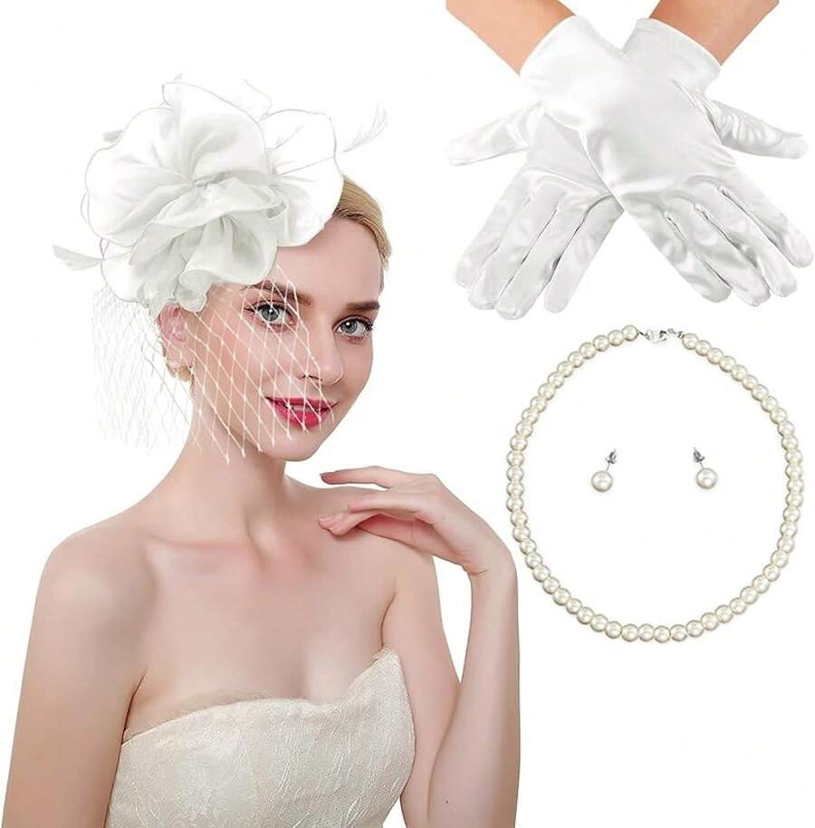 Ibeauti Fascinator Hats With Screentouch Lace Gloves Set Women Tea Party Cocktail Wedding Derby Headwear Short Gloves - 04 Ivory White - 查看 1