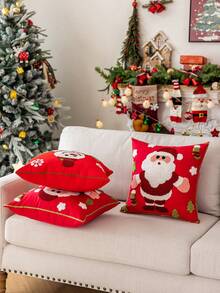 1pc Red Base Fabric Delicate Snowman & Santa Claus Embroidered Cushion Cover, Christmas Decor, Fits Multiple Room Styles, 45cm*45cm, Pillow Insert Not Included Home Decor Christmas Decorations Room Decor Christmas Decorations Home