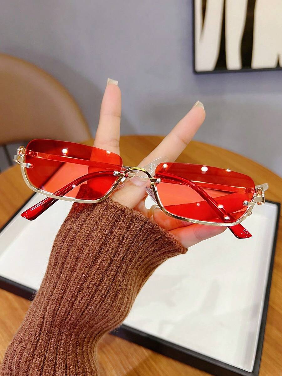 1 pieza Gafas de moda con montura metálica de media montura para mujer, color rojo adecuado para la playa, vacaciones, fotografía y estilo callejero